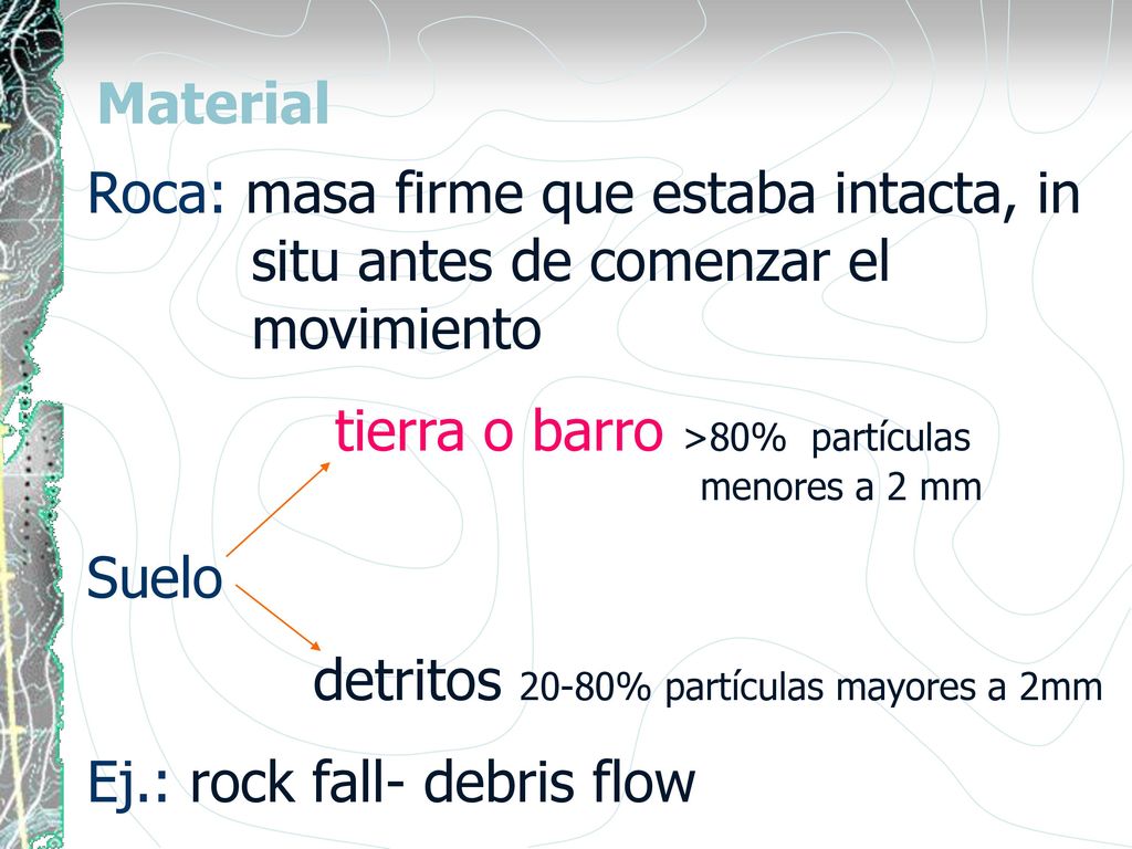 Material Roca: masa firme que estaba intacta, in situ antes de comenzar el movimiento. tierra o barro >80% partículas menores a 2 mm.