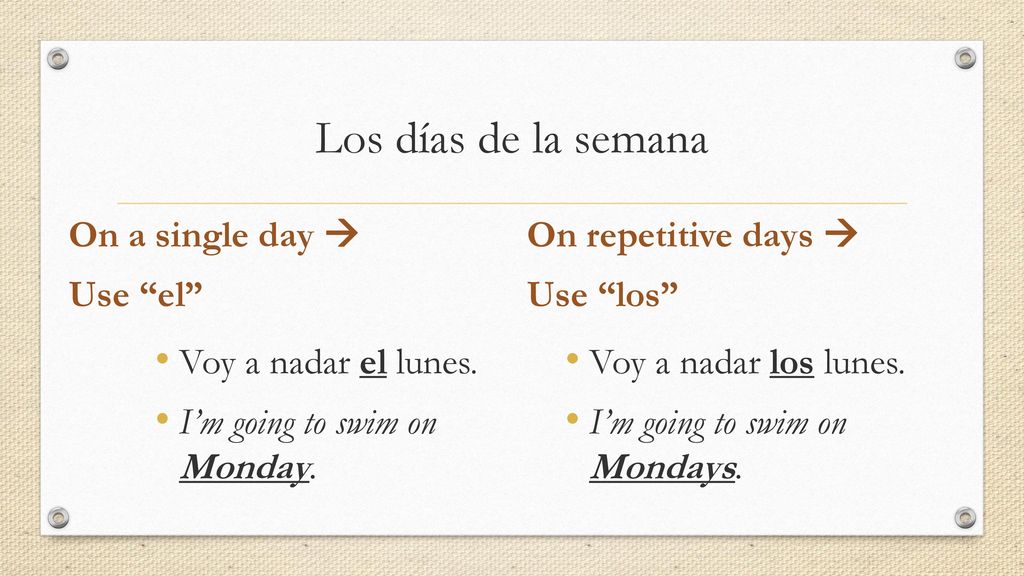 Los días de la semana On a single day  Use el On repetitive days 
