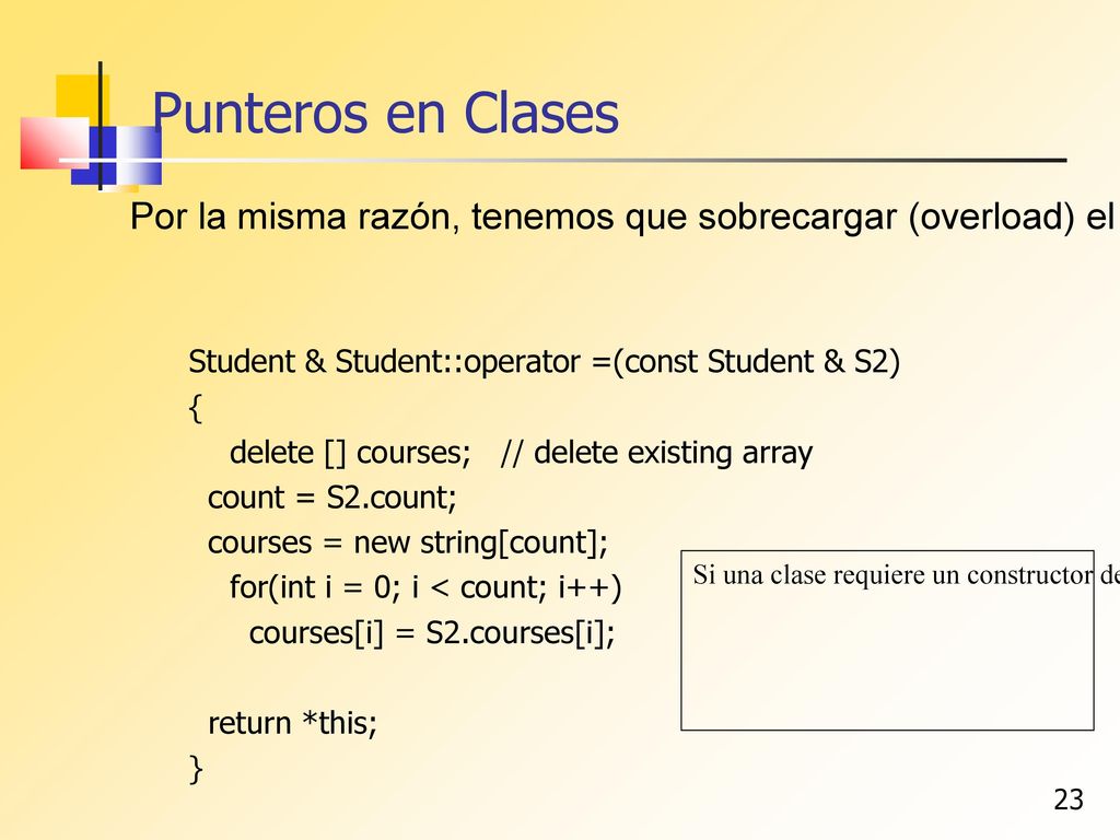 Punteros en Clases Por la misma razón, tenemos que sobrecargar (overload) el operador de asignación.