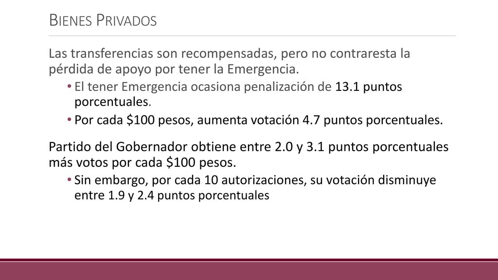 Bienes Privados Las transferencias son recompensadas, pero no contraresta la pérdida de apoyo por tener la Emergencia.