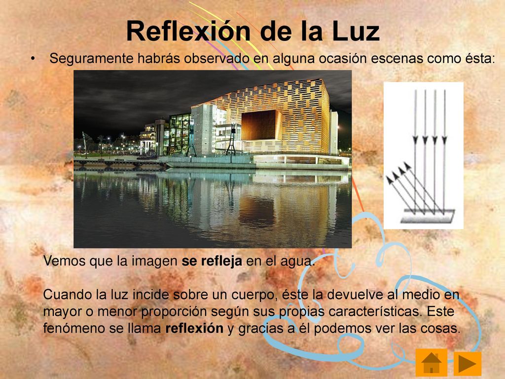 Reflexión de la Luz Seguramente habrás observado en alguna ocasión escenas como ésta: Vemos que la imagen se refleja en el agua.