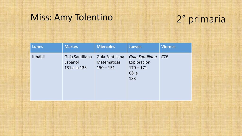 2° primaria Miss: Amy Tolentino Lunes Martes Miércoles Jueves Viernes