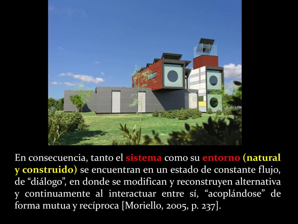 En consecuencia, tanto el sistema como su entorno (natural y construido) se encuentran en un estado de constante flujo, de diálogo , en donde se modifican y reconstruyen alternativa y continuamente al interactuar entre sí, acoplándose de forma mutua y recíproca [Moriello, 2005, p.