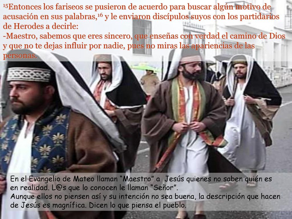 15Entonces los fariseos se pusieron de acuerdo para buscar algún motivo de acusación en sus palabras,16 y le enviaron discípulos suyos con los partidarios de Herodes a decirle: -Maestro, sabemos que eres sincero, que enseñas con verdad el camino de Dios y que no te dejas influir por nadie, pues no miras las apariencias de las personas.