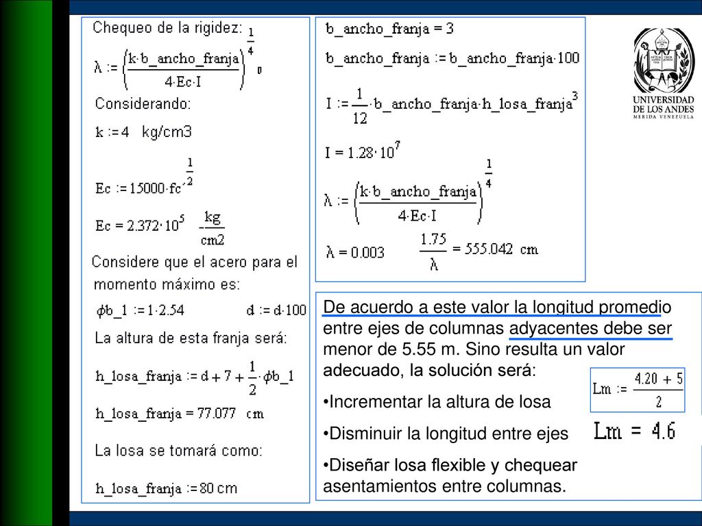 De acuerdo a este valor la longitud promedio entre ejes de columnas adyacentes debe ser menor de 5.55 m. Sino resulta un valor adecuado, la solución será: