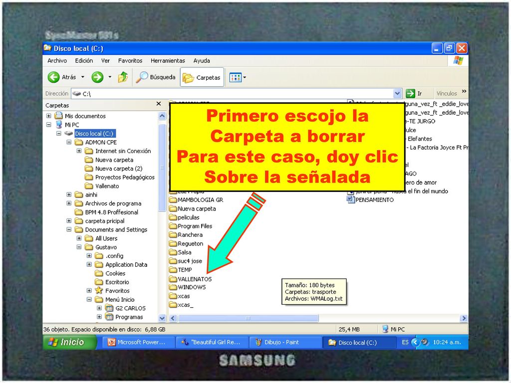 Primero escojo la Carpeta a borrar Para este caso, doy clic Sobre la señalada