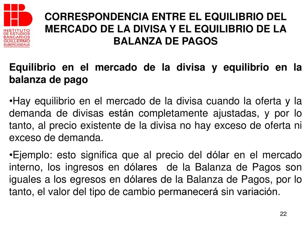 CORRESPONDENCIA ENTRE EL EQUILIBRIO DEL MERCADO DE LA DIVISA Y EL EQUILIBRIO DE LA BALANZA DE PAGOS