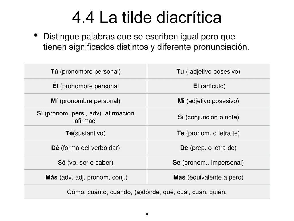 4.4 La tilde diacrítica Distingue palabras que se escriben igual pero que tienen significados distintos y diferente pronunciación.