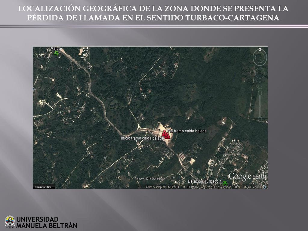 LOCALIZACIÓN GEOGRÁFICA DE LA ZONA DONDE SE PRESENTA LA PÉRDIDA DE LLAMADA EN EL SENTIDO TURBACO-CARTAGENA