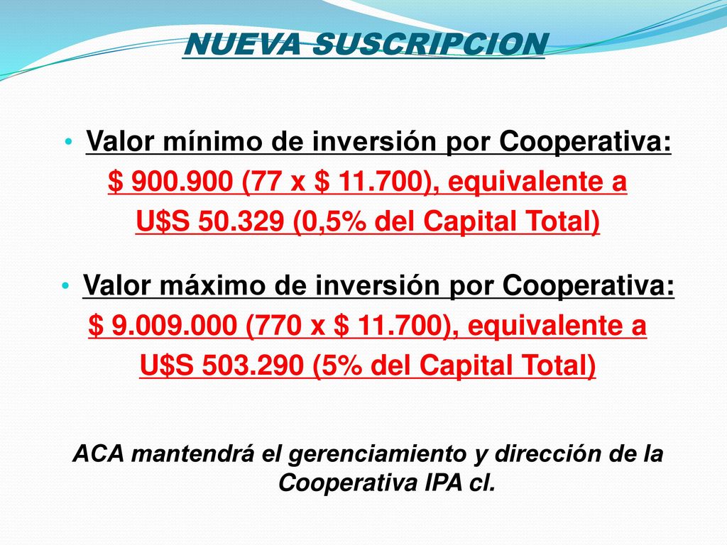 NUEVA SUSCRIPCION Valor mínimo de inversión por Cooperativa: