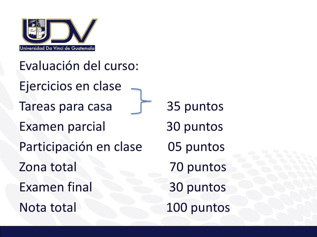 Evaluación del curso: Ejercicios en clase Tareas para casa 35 puntos Examen parcial 30 puntos Participación en clase 05 puntos Zona total 70 puntos Examen final 30 puntos Nota total 100 puntos