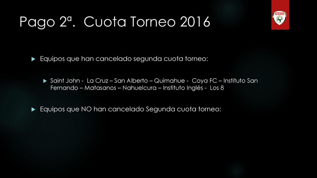 Pago 2ª. Cuota Torneo 2016 Equipos que han cancelado segunda cuota torneo:
