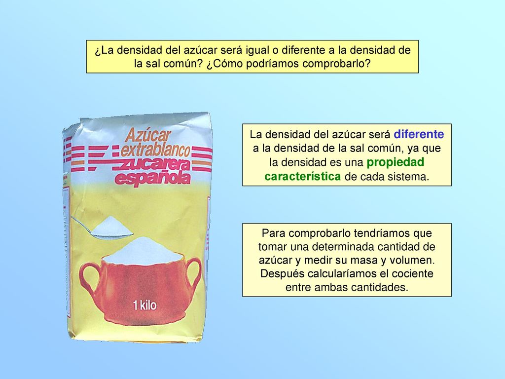 ¿La densidad del azúcar será igual o diferente a la densidad de la sal común ¿Cómo podríamos comprobarlo