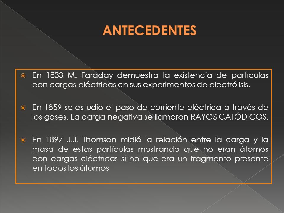 ANTECEDENTES En 1833 M. Faraday demuestra la existencia de partículas con cargas eléctricas en sus experimentos de electrólisis.