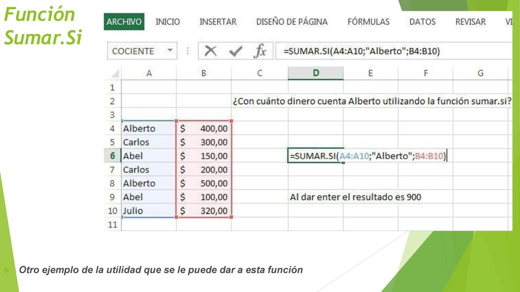 Función Sumar.Si Otro ejemplo de la utilidad que se le puede dar a esta función