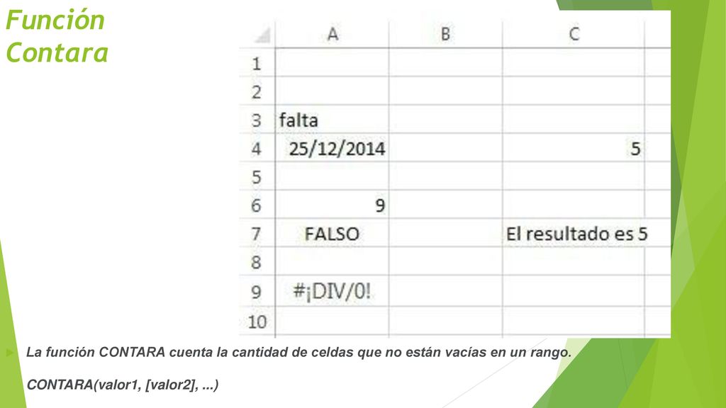 Función Contara La función CONTARA cuenta la cantidad de celdas que no están vacías en un rango. CONTARA(valor1, [valor2], ...)