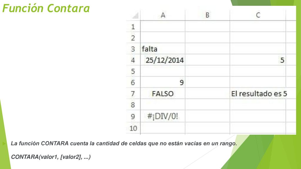 Función Contara La función CONTARA cuenta la cantidad de celdas que no están vacías en un rango. CONTARA(valor1, [valor2], ...)