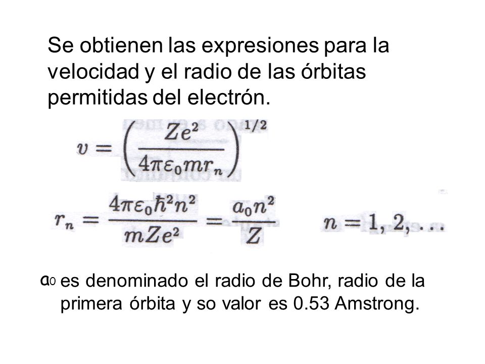 Se obtienen las expresiones para la velocidad y el radio de las órbitas permitidas del electrón.