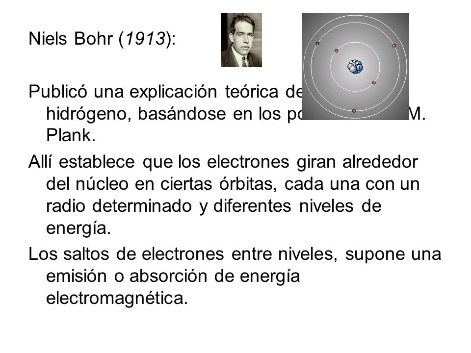 Niels Bohr (1913): Publicó una explicación teórica del átomo de hidrógeno, basándose en los postulados de M. Plank.