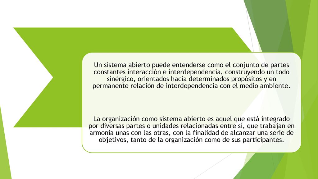 Un sistema abierto puede entenderse como el conjunto de partes constantes interacción e interdependencia, construyendo un todo sinérgico, orientados hacia determinados propósitos y en permanente relación de interdependencia con el medio ambiente.