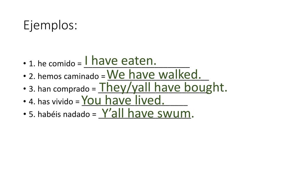 Ejemplos: I have eaten. We have walked. They/yall have bought.