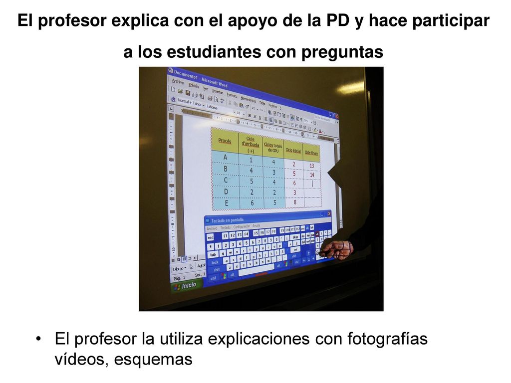 El profesor explica con el apoyo de la PD y hace participar a los estudiantes con preguntas