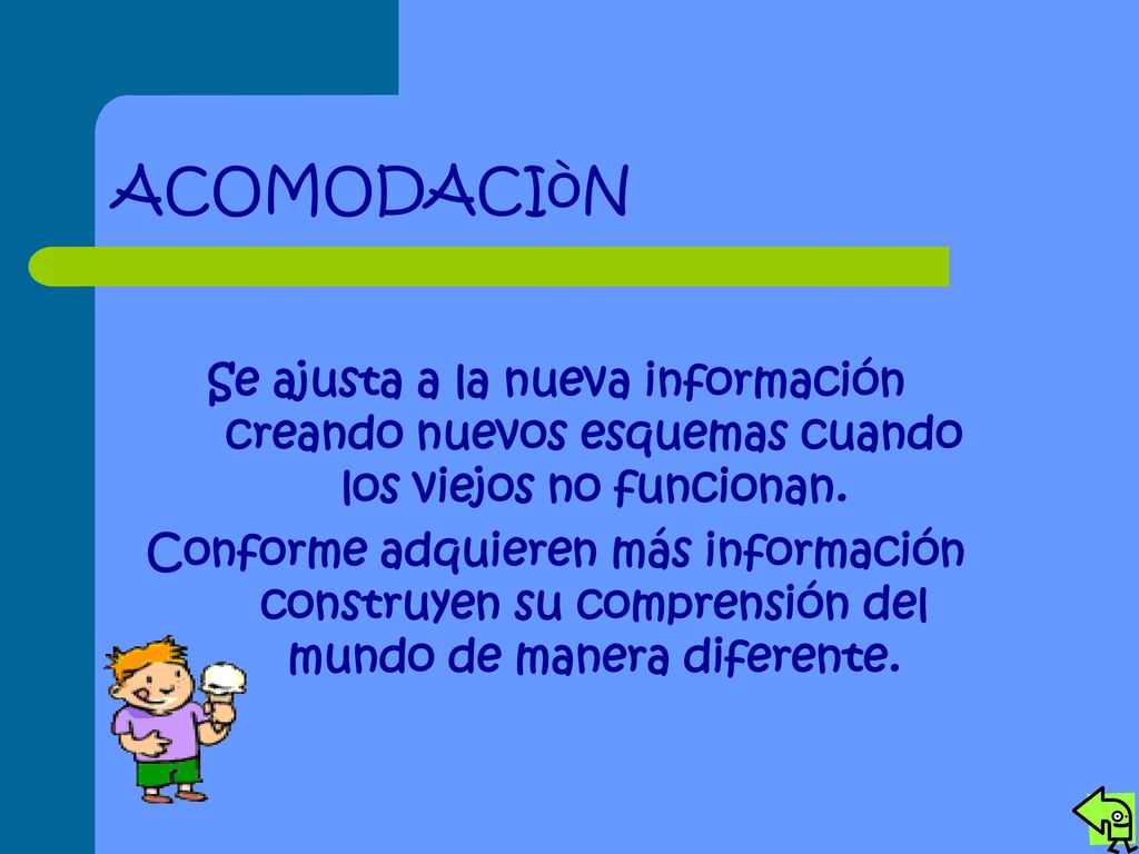 ACOMODACIòN Se ajusta a la nueva información creando nuevos esquemas cuando los viejos no funcionan.