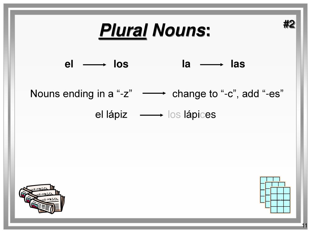 Nouns ending in a -z change to -c , add -es