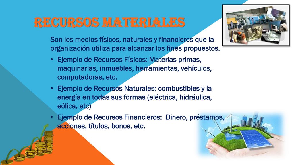 Recursos Materiales Son los medios físicos, naturales y financieros que la organización utiliza para alcanzar los fines propuestos.