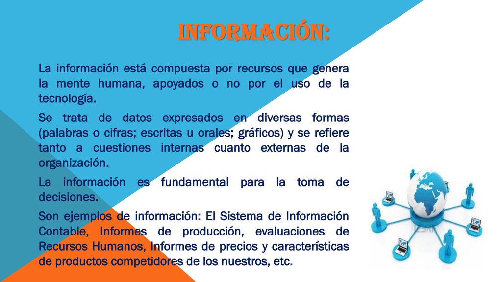 Información: La información está compuesta por recursos que genera la mente humana, apoyados o no por el uso de la tecnología.