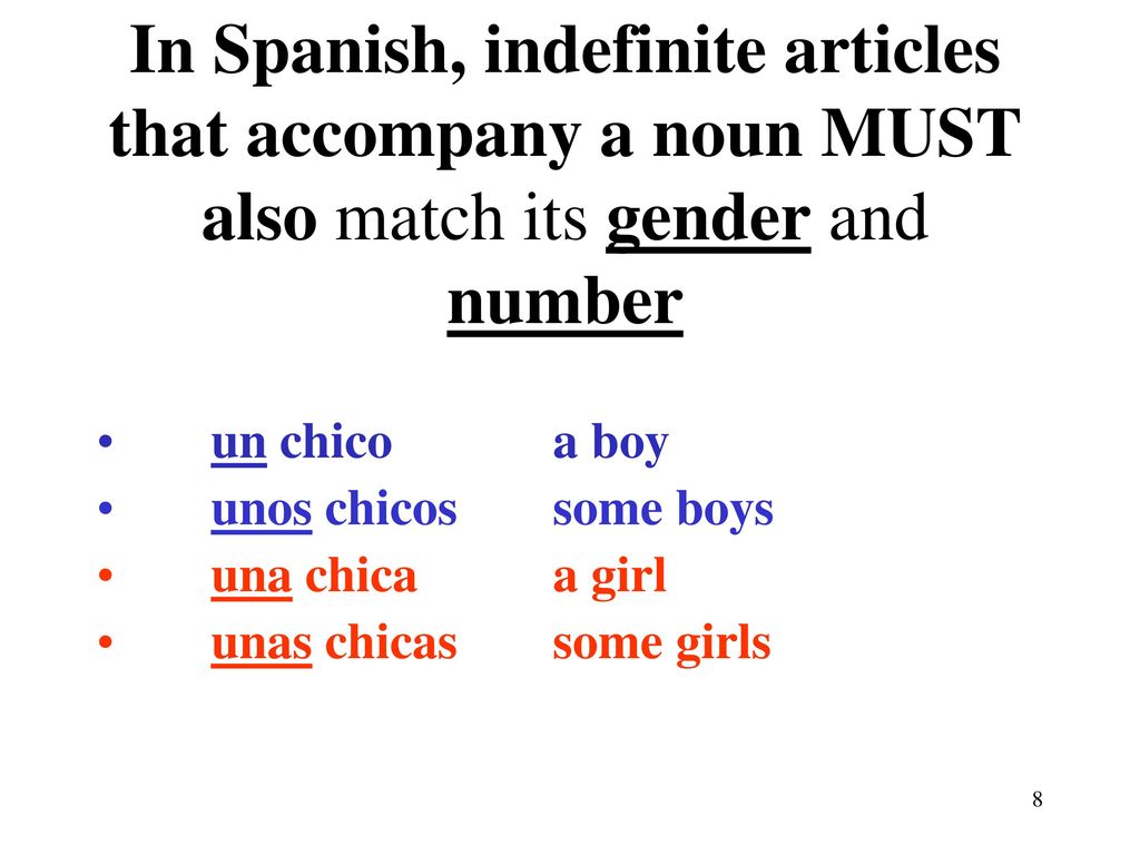 In Spanish, indefinite articles that accompany a noun MUST also match its gender and number