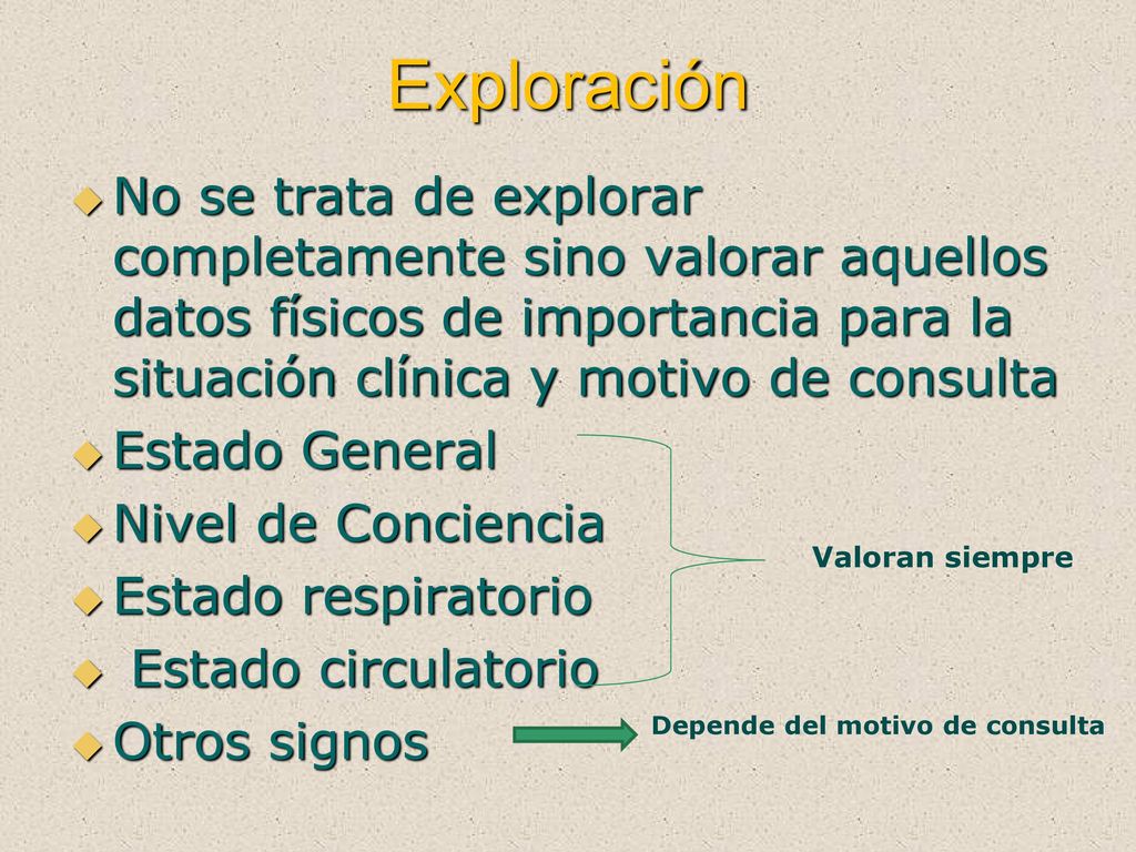 Exploración No se trata de explorar completamente sino valorar aquellos datos físicos de importancia para la situación clínica y motivo de consulta.