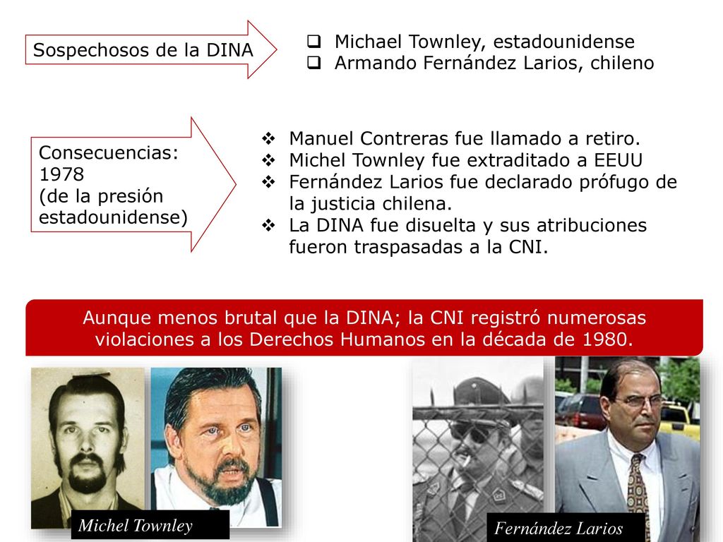 Sospechosos de la DINA Michael Townley, estadounidense. Armando Fernández Larios, chileno. Consecuencias: