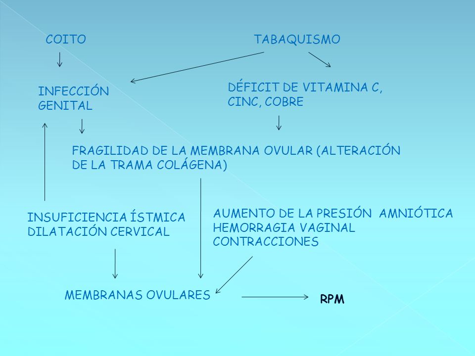 COITO TABAQUISMO. DÉFICIT DE VITAMINA C, CINC, COBRE. INFECCIÓN GENITAL. FRAGILIDAD DE LA MEMBRANA OVULAR (ALTERACIÓN DE LA TRAMA COLÁGENA)