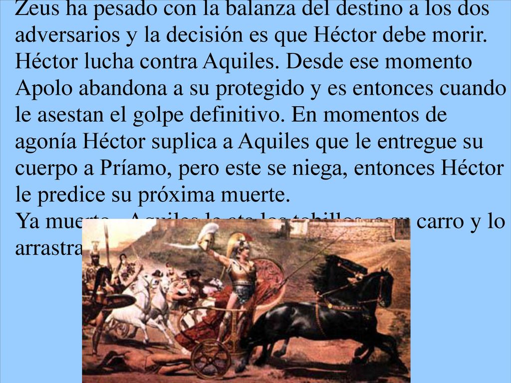 Zeus ha pesado con la balanza del destino a los dos adversarios y la decisión es que Héctor debe morir. Héctor lucha contra Aquiles. Desde ese momento Apolo abandona a su protegido y es entonces cuando le asestan el golpe definitivo. En momentos de agonía Héctor suplica a Aquiles que le entregue su cuerpo a Príamo, pero este se niega, entonces Héctor le predice su próxima muerte.