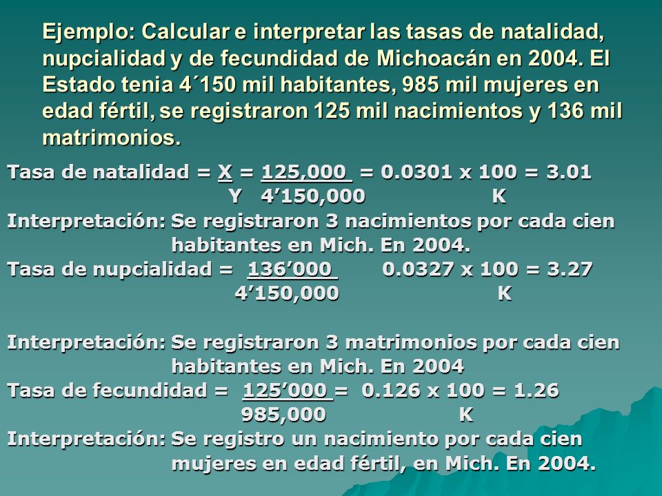 Ejemplo: Calcular e interpretar las tasas de natalidad, nupcialidad y de fecundidad de Michoacán en El Estado tenia 4´150 mil habitantes, 985 mil mujeres en edad fértil, se registraron 125 mil nacimientos y 136 mil matrimonios.