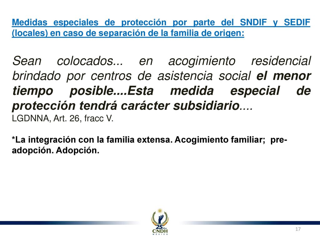 Medidas especiales de protección por parte del SNDIF y SEDIF (locales) en caso de separación de la familia de origen: