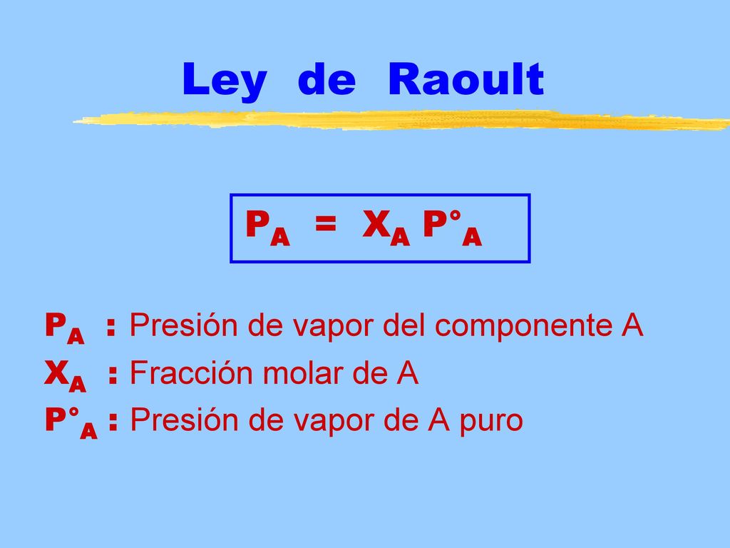 Ley de Raoult PA = XA P°A PA : Presión de vapor del componente A
