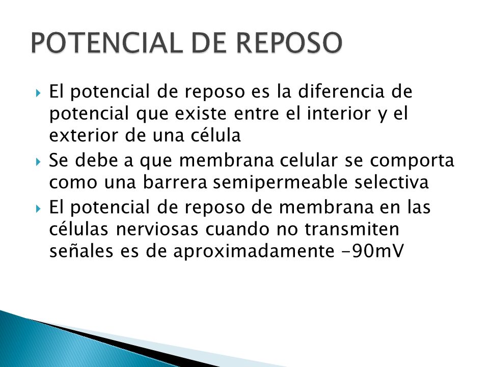 POTENCIAL DE REPOSO El potencial de reposo es la diferencia de potencial que existe entre el interior y el exterior de una célula.