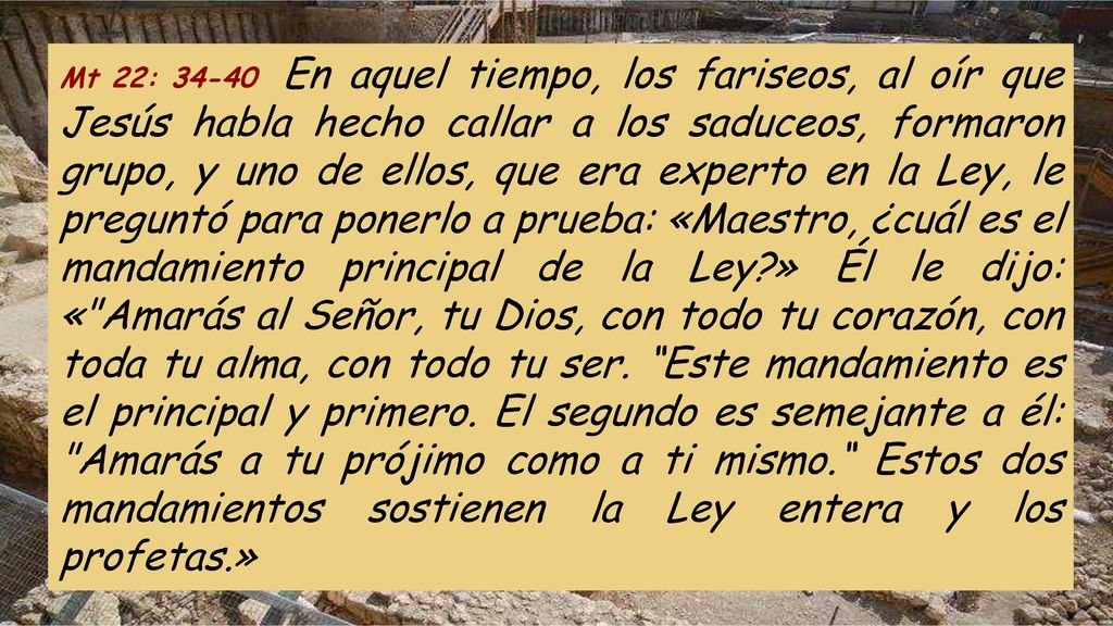 Mt 22: En aquel tiempo, los fariseos, al oír que Jesús habla hecho callar a los saduceos, formaron grupo, y uno de ellos, que era experto en la Ley, le preguntó para ponerlo a prueba: «Maestro, ¿cuál es el mandamiento principal de la Ley » Él le dijo: « Amarás al Señor, tu Dios, con todo tu corazón, con toda tu alma, con todo tu ser.