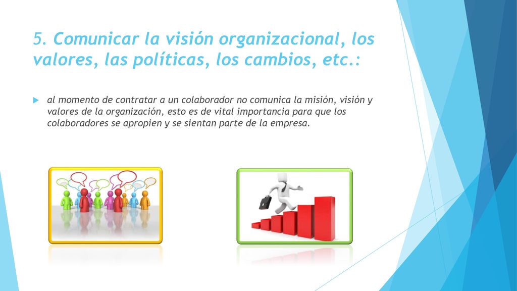 5. Comunicar la visión organizacional, los valores, las políticas, los cambios, etc.: