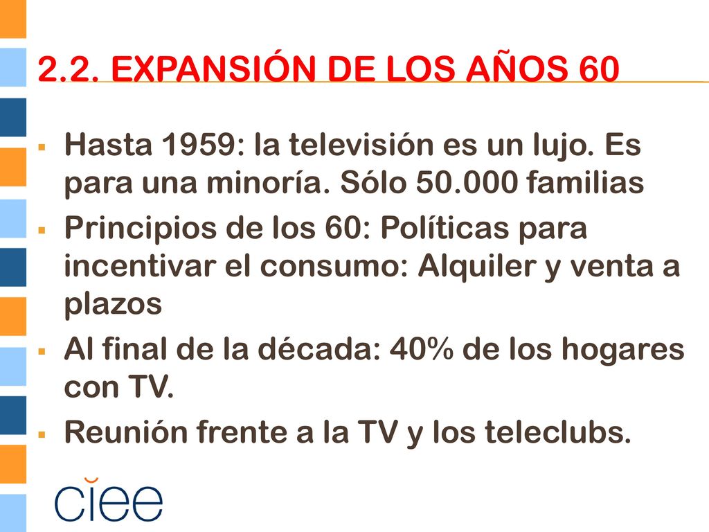 2.2. Expansión de los años 60 Hasta 1959: la televisión es un lujo. Es para una minoría. Sólo familias.
