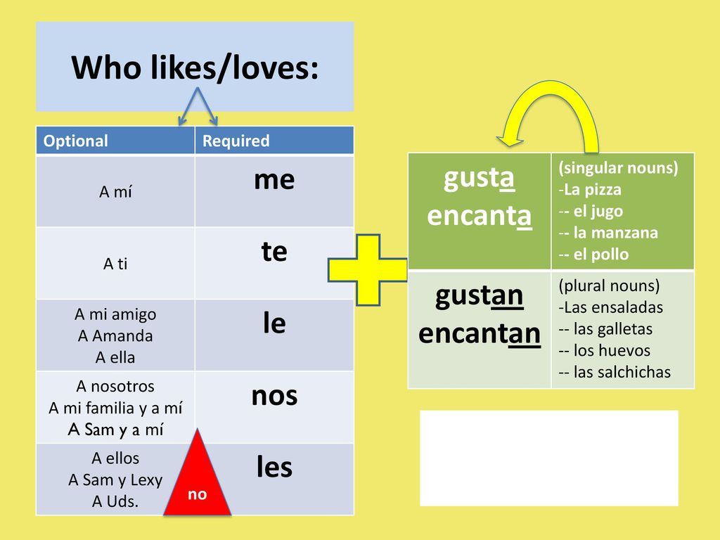 Who likes/loves: gusta me encanta te gustan le encantan nos les