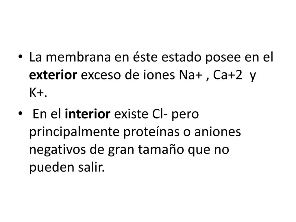 La membrana en éste estado posee en el exterior exceso de iones Na+ , Ca+2 y K+.