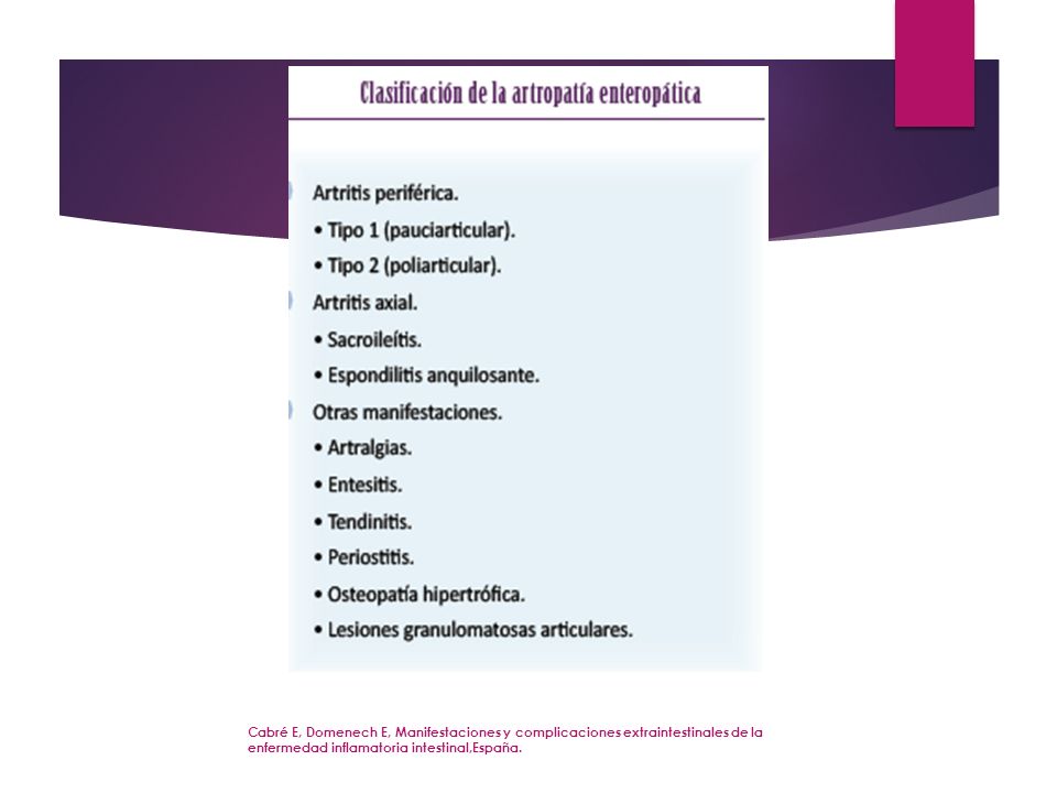 Cabré E, Domenech E, Manifestaciones y complicaciones extraintestinales de la enfermedad inflamatoria intestinal,España.