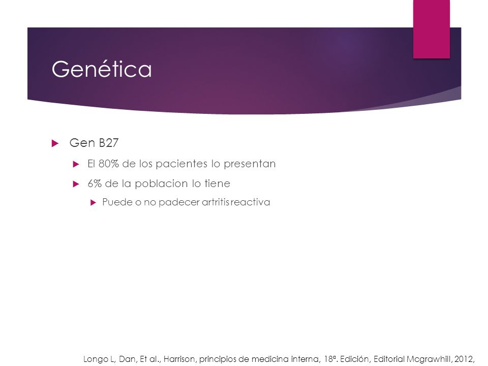 Genética Gen B27 El 80% de los pacientes lo presentan