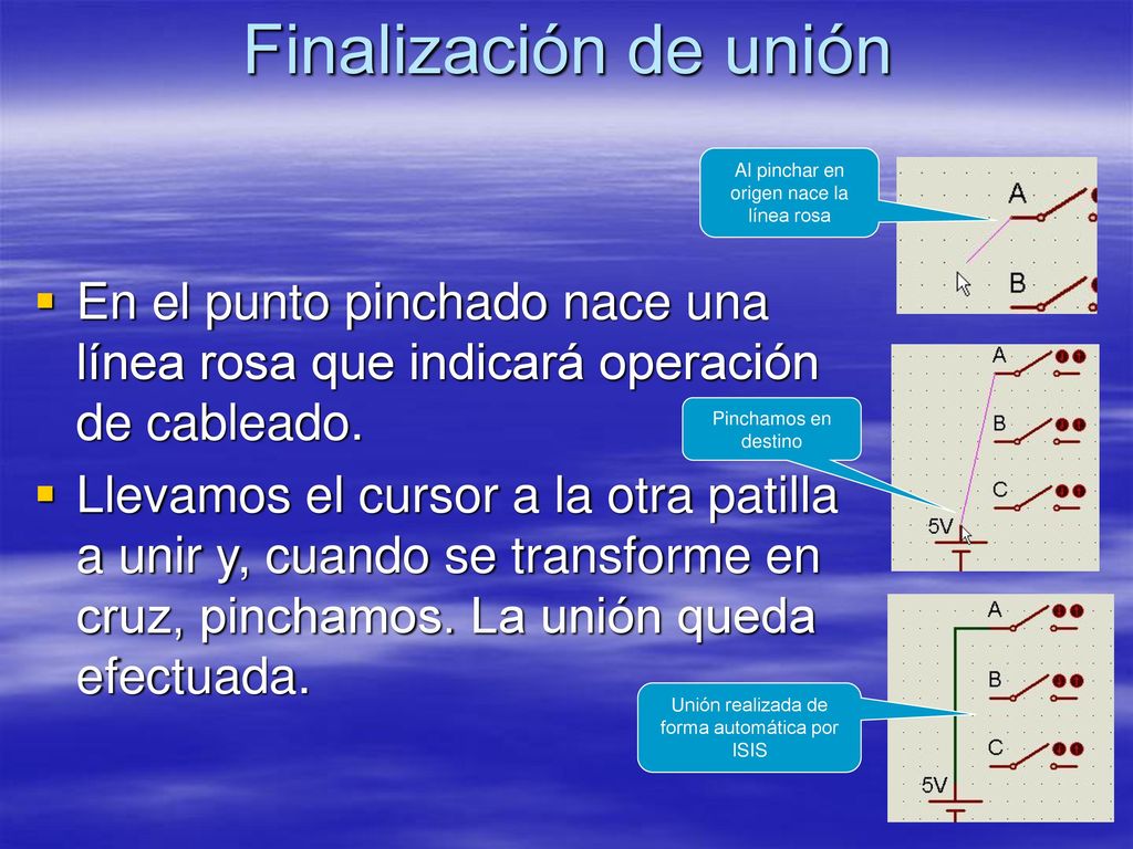 Finalización de unión Al pinchar en origen nace la línea rosa. En el punto pinchado nace una línea rosa que indicará operación de cableado.