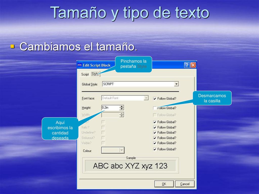 Tamaño y tipo de texto Cambiamos el tamaño. Pinchamos la pestaña Style