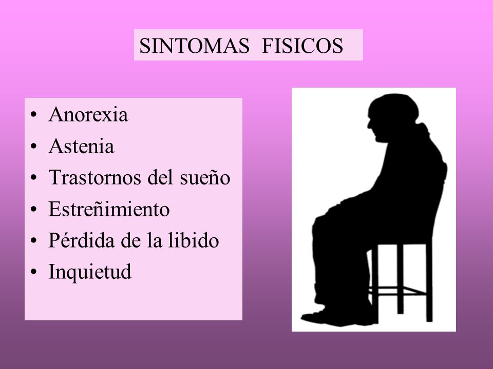 SINTOMAS FISICOS Anorexia. Astenia. Trastornos del sueño. Estreñimiento. Pérdida de la libido.