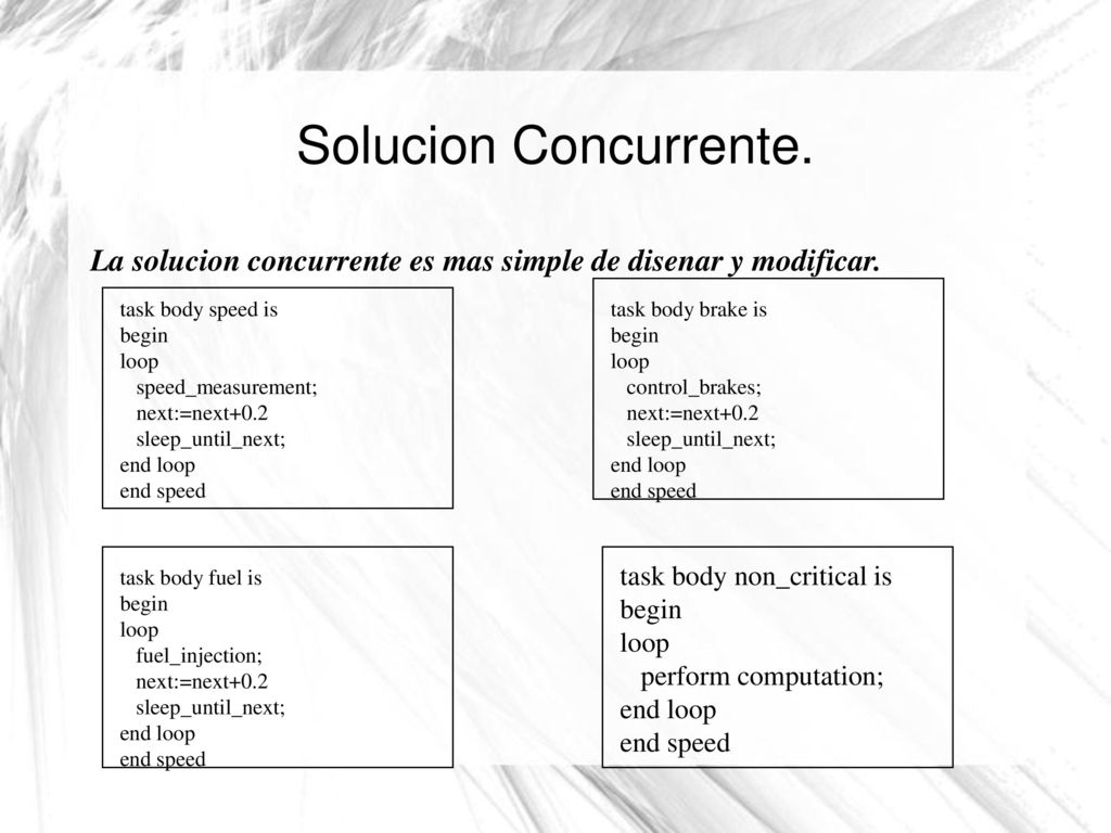 Solucion Concurrente. La solucion concurrente es mas simple de disenar y modificar. task body speed is.